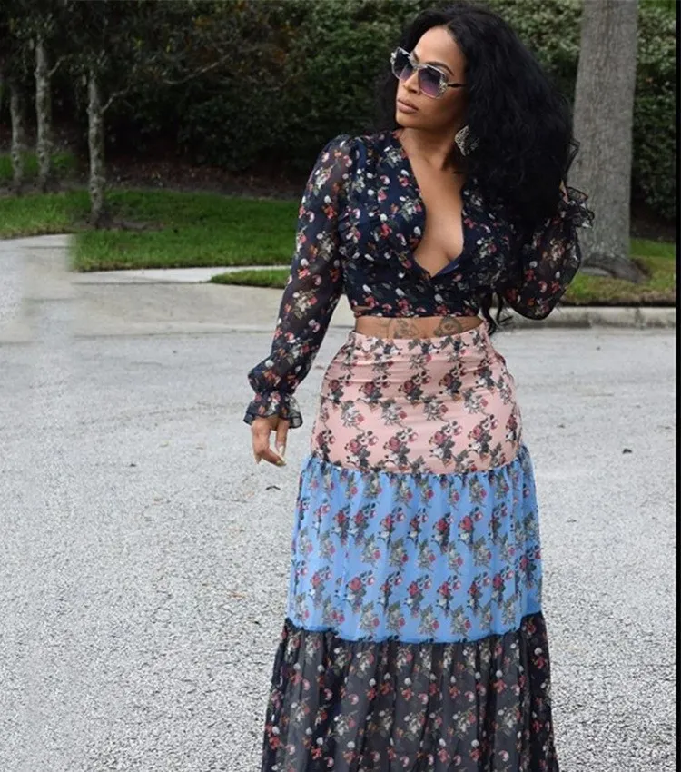 Женское платье с длинным рукавом v-образным вырезом укороченным топом цветочным