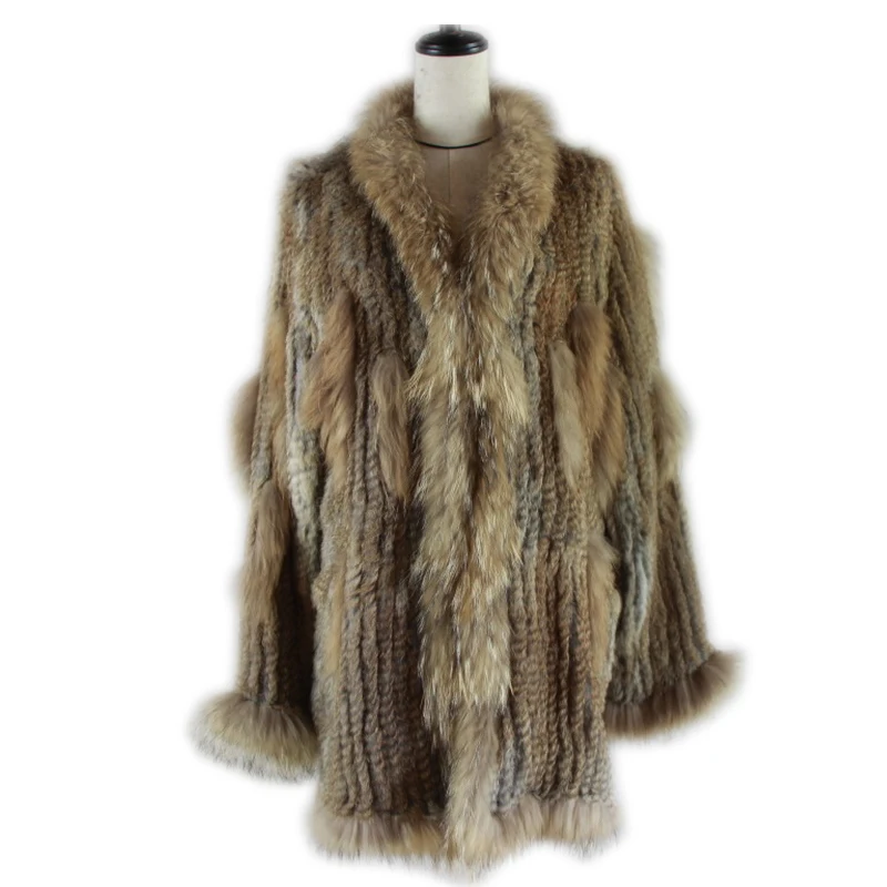 Women knitted real genuine rabbit fur coat overcoat jackets garment & raccoon collar with hood raccoon fur knitted longer jacket