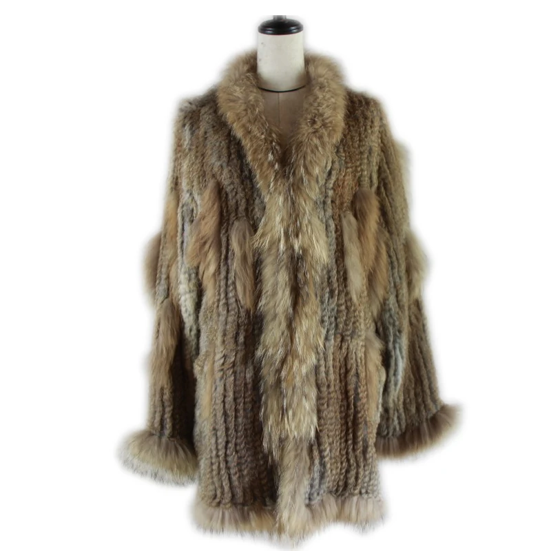Женское трикотажное длинное пальто с капюшоном и воротником из енота|genuine rabbit fur