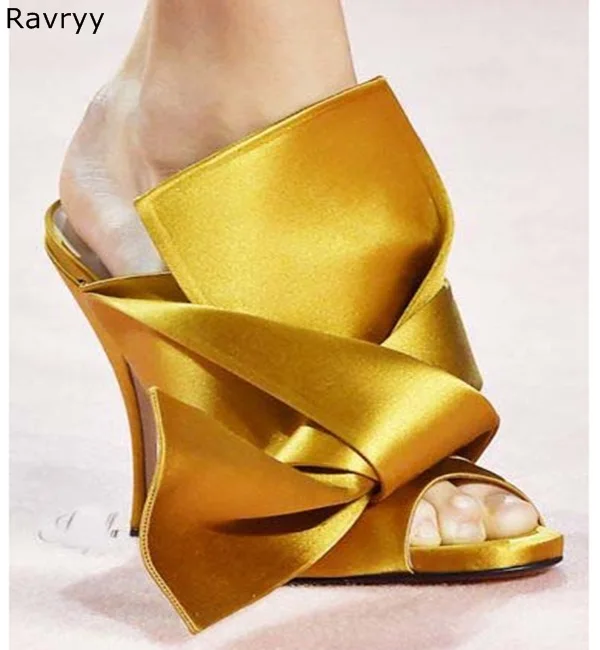 

Summer fashion silk fabrics golden Woman sandals cute tie a knot slip-on sexy pumps peep toe slipper party female dress shoes