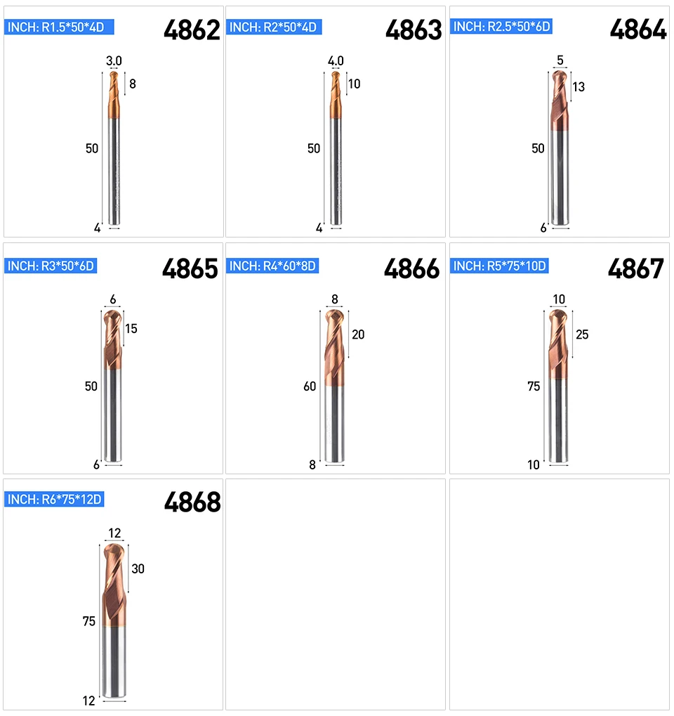 HUHAO 1pc HRC50 Tapered Ball Nose End Mill Tungsten Coated Ball Head Cutter Tungsten Steel R0.5-R6mm CNC Engraving Bit