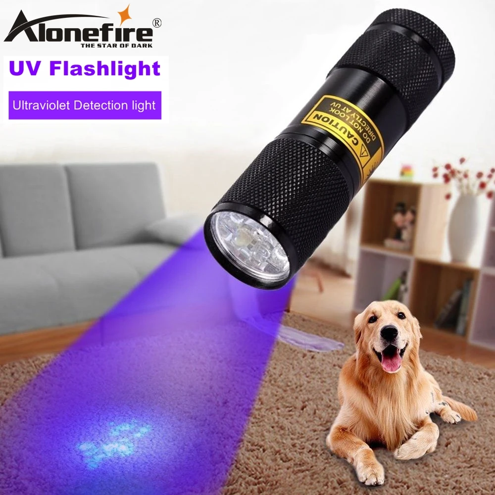 ALONEFIRE 395nm 9 Led Ultra violet light Cat Dog Pet urine Money Hotel Scorpion Travel UV Detector Lamp flashlight AAA battery
