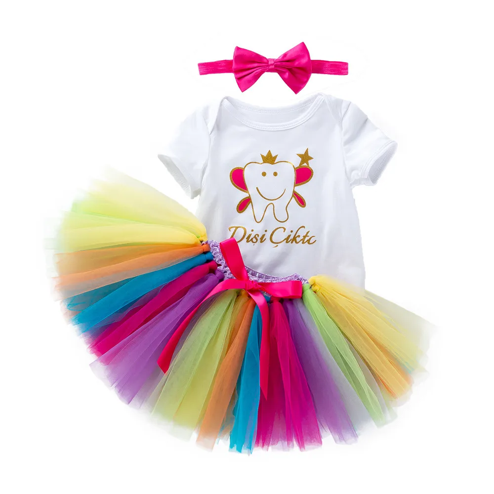 Комбинезон с буквенным принтом для маленьких девочек + Радужное платье-пачка