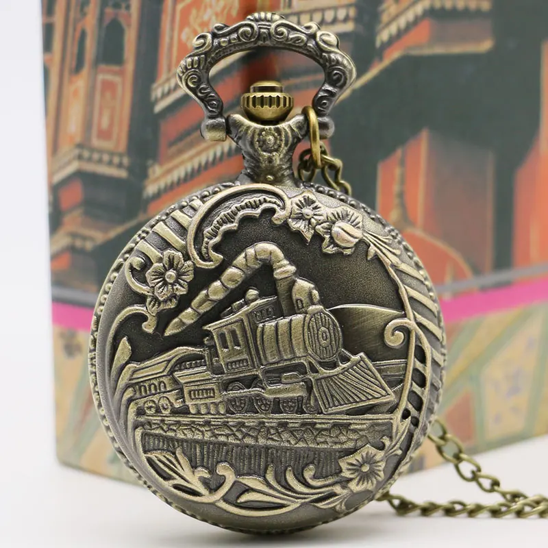 

Vintage Pendant Bronze Train Carved Steampunk Quartz Pocket Watch Men Clock Women Necklace Chain Gift