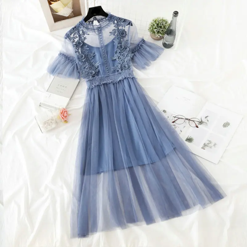 

2PCS Women Flare Sleeve Lace Flower Pleated Dress Casual Elastic Slim High Waist Mesh Gauze Voile Pullover Tulle Ruffles Dresses