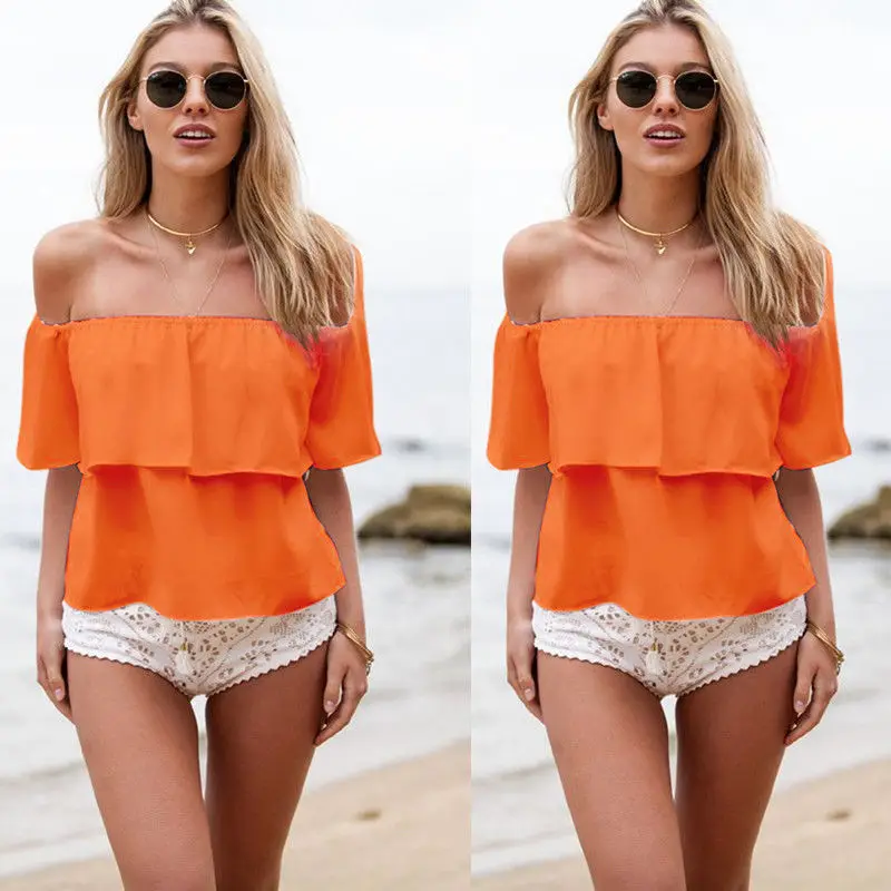 Женская блузка летняя с коротким рукавом открытыми плечами|ladies chiffon blouses|ruffle