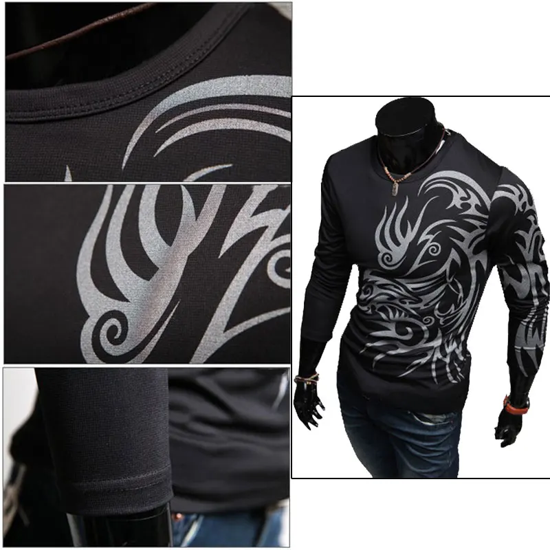 Мужская футболка с длинным рукавом круглым вырезом и принтом дракона|long sleeve