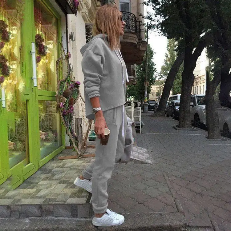 FTLZZ, новинка, весна-осень, спортивный костюм, женский спортивный костюм, набор, длинный рукав, уплотненный, с капюшоном, свитшоты, 2 шт, набор, Повседневный, Спортивный - Цвет: Серый
