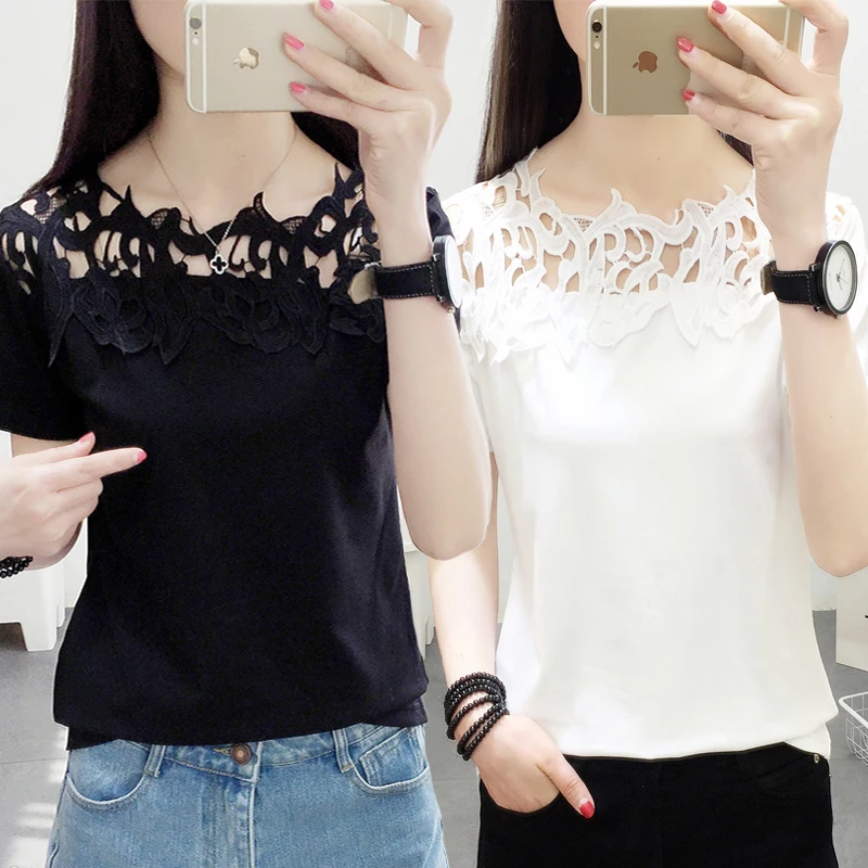 Women Clothing Summer Korean Women's Top Loose Lace Asymmetric Solid Color Slim Short Sleeve T-Shirt Shirt | Женская одежда