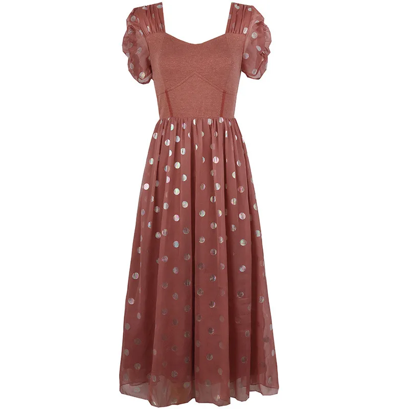 

Women French Vintage Elegant Slim Polka Dot Dress Ladies Retro Sweet Casual Chiffon Patchwork Long Dress femme vestidos midi