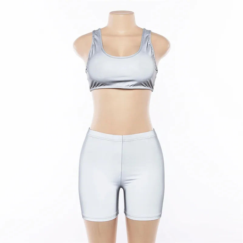 

Ins Reflective Set Women 2pcs Outfits New Style Sexy Cop Top and Shorts Fitness Skinny Tracksuit Workout Vest & Pants