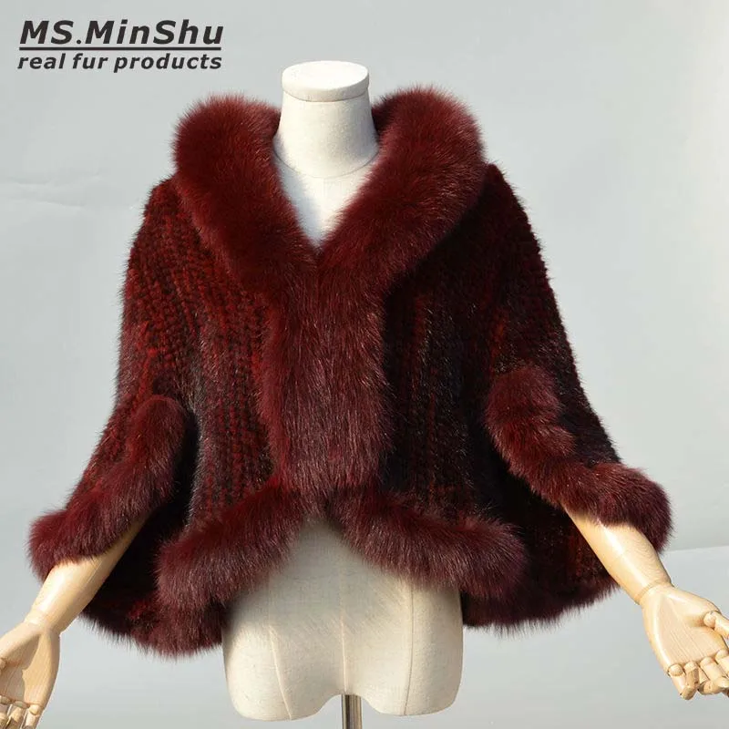 Женское меховое пончо Ms.MinShu пальто ручной вязки из меха норки женская верхняя