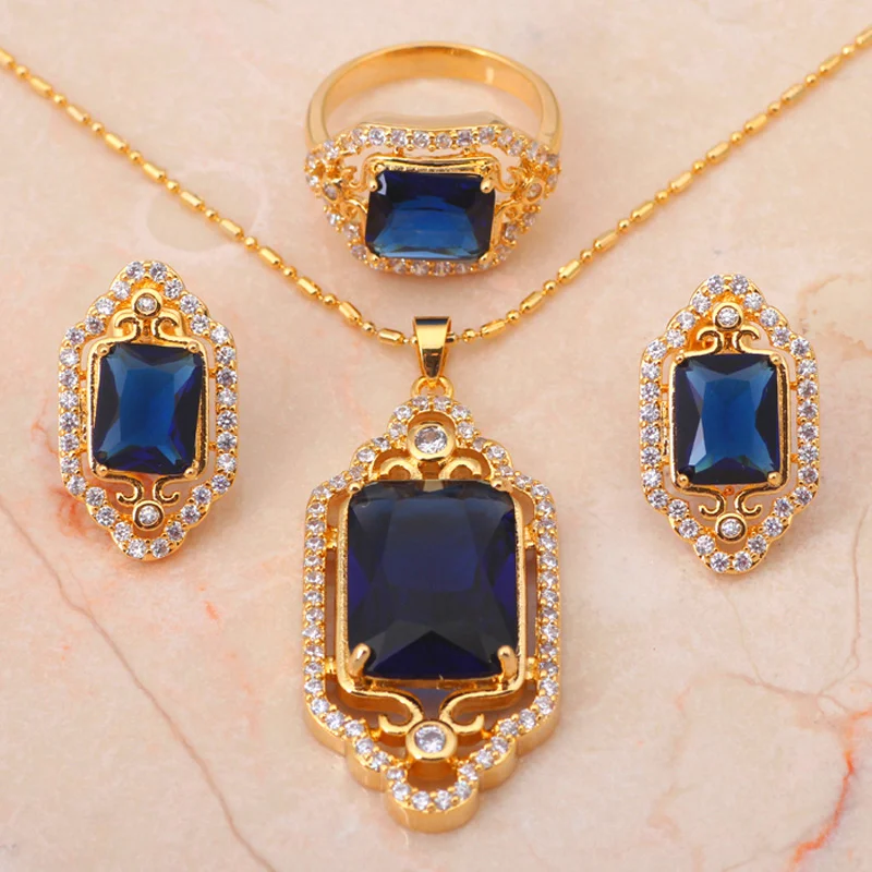 Королевский бренд золото тон синий циркония Ювелирные комплекты с кристаллами
