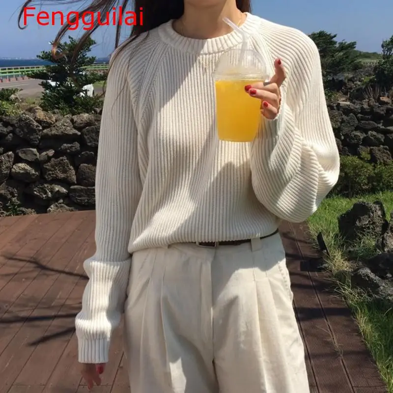 Женский трикотажный свитер Fengguilai Однотонный с длинным рукавом и круглым вырезом