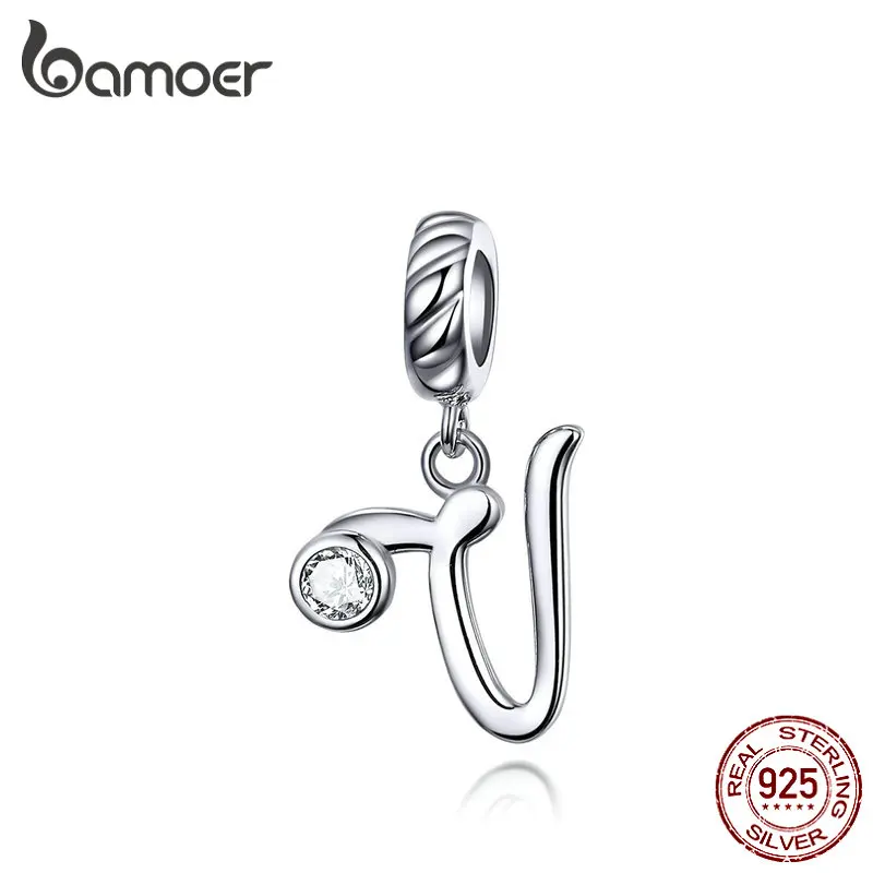 SCC1183-V BAMOER 26 букв Алфавит кулон 925 пробы Серебряный рукописный язык подвески Шарм для браслетов и ожерелья SCC1183 - Цвет камня: SCC1183-V