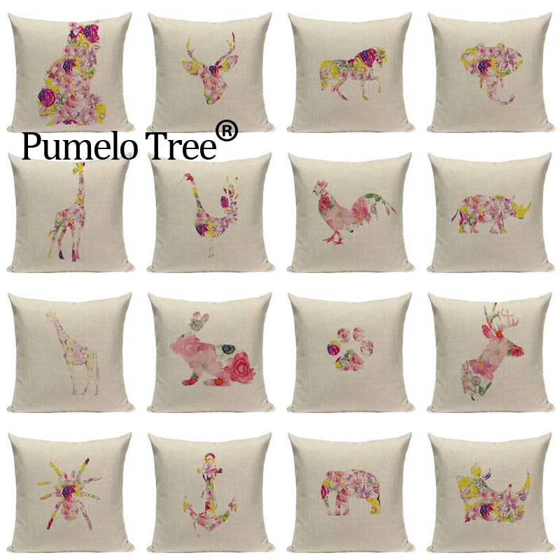 Наволочка с акварельными животными оленем Кроликом декоративная подушка