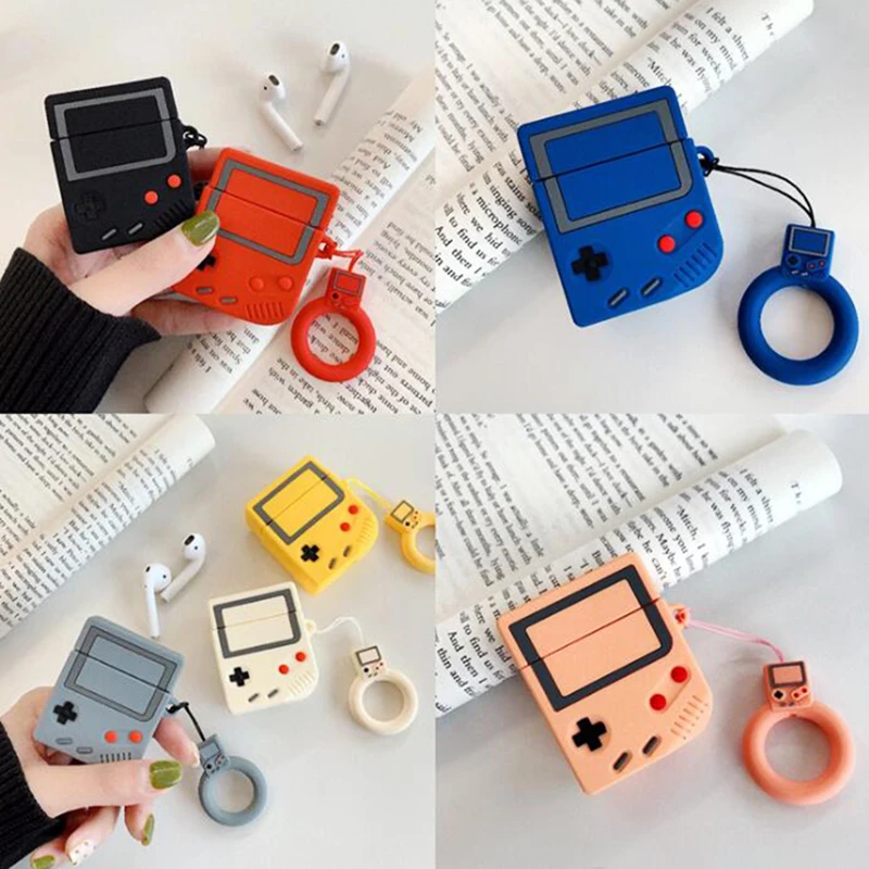 Чехол-накладка для Apple AirPods 2 силиконовый с кольцом-ремешком 3D Game Boy гарнитура Airpods |