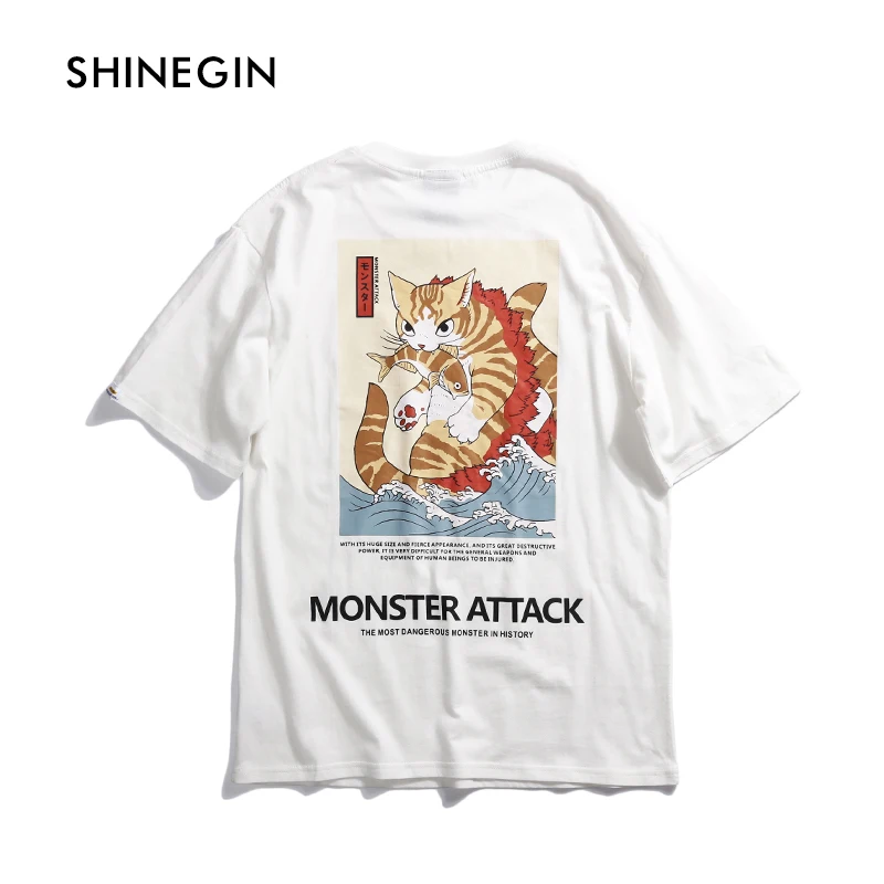 SHINEGIN Ukiyo E Cat Футболка Monster Attack для мужчин письмо футболка уличная 2019 Harajuku Хип Хоп