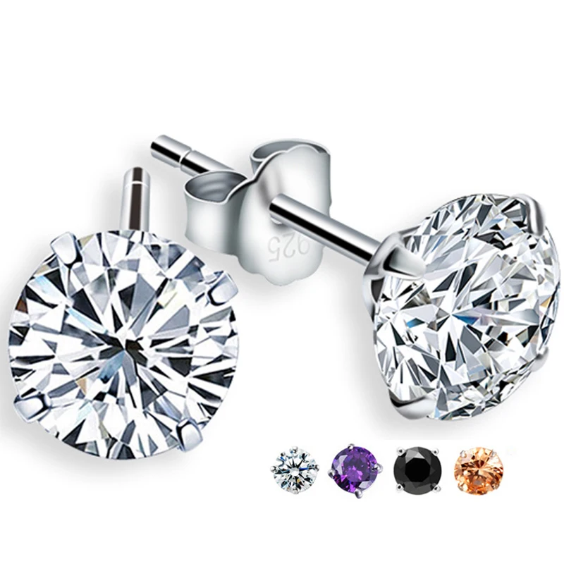 

New Fashion Luxury Black White Purple Crystal Zircon Stud Earrings For Women Bridal 925 Sterling Silver Earrings Wedding Jewelry