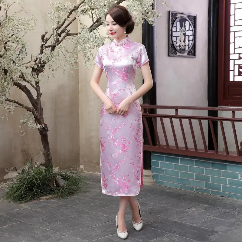 15 цветов китайское традиционное платье женское шелковое атласное Cheongsam с коротким рукавом длинное платье Qipao цветочный принт раскол свадебное платье