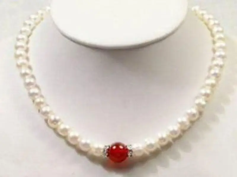 

Free Shipping 7-8mm Natural White Akoya Cultured Pearl/10mm Red Beads Pendant necklace
