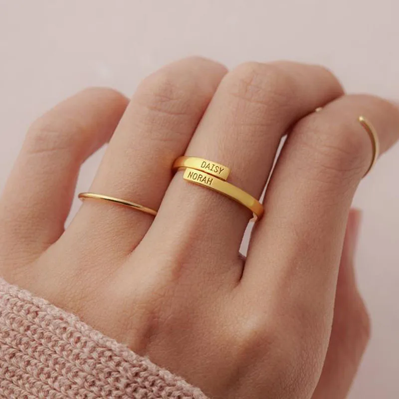 Custom TWO Name Ring Double Baguette Engraved Gold Layer wedding ring For Women Couple Lovers Jewelry Bijoux Femme | Украшения и