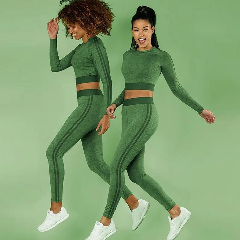 Green Спортивный костюм женский однотонный с длинным рукавом укороченные брюки дышащий Быстросохнущий комплект для йоги Женская одежда для тренировок - Цвет: Green