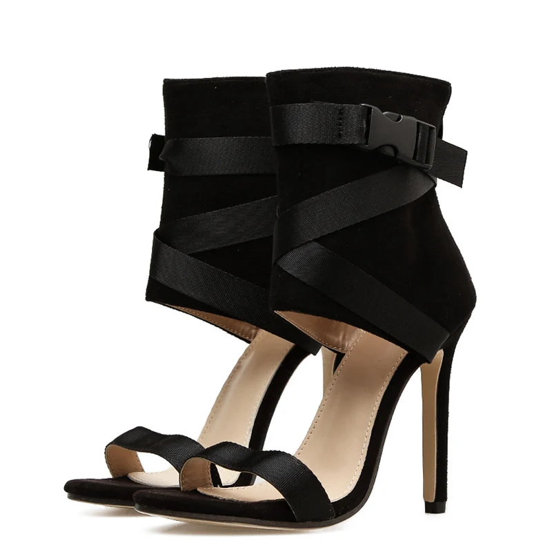 COSIDRAM Women Gladiatoe Peep-toe Super High Thin Heel 12CM Sandals 2018 Flock Female Fashion Cross Tied Summer Shoes SNE-130 | Обувь