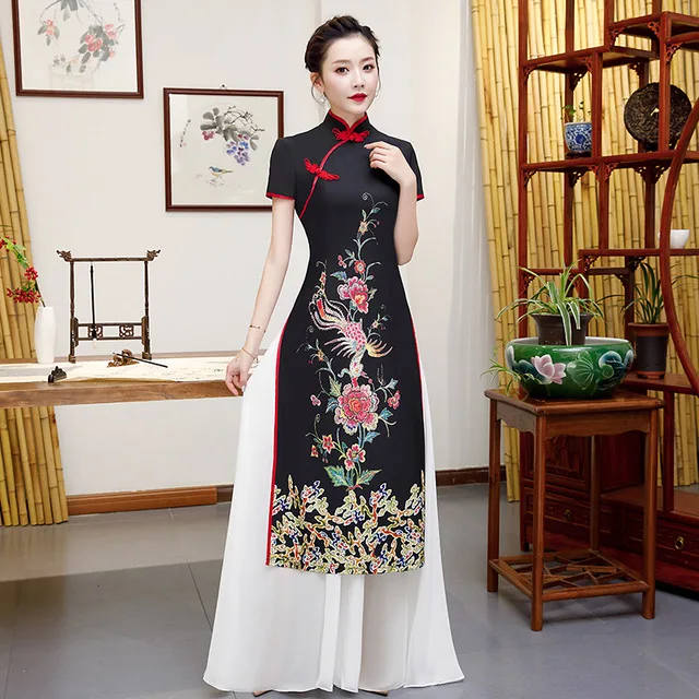 black white Плюс размер 5XL Aodai китайское платье Ципао традиционная Женская Вышивка цветок 4XL Cheongsam Новинка китайское официальное вечернее платье - Цвет: black white