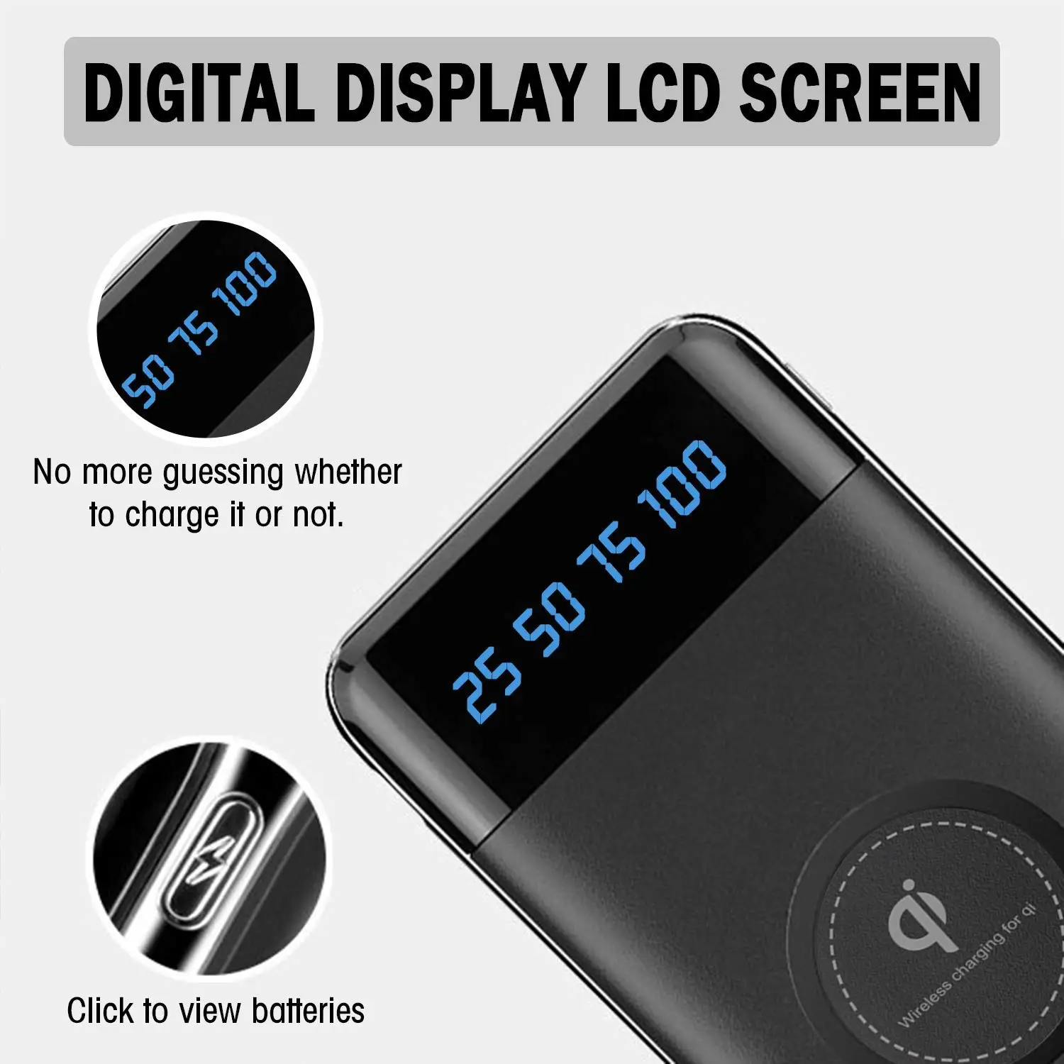 А. С ЖК дисплеем 10000 мАч QI Беспроводное зарядное устройство 2A Dual USB power Bank для iPhone X XS