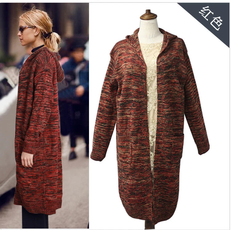 acrylic cotton blend clip yarn thick knit women fashion hooded long cardigan sweater coat H-straight M-5XL |