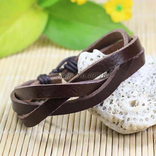 SF15-Handmade модные коричневые wrap Многослойная натуральная кожа браслет с веревкой