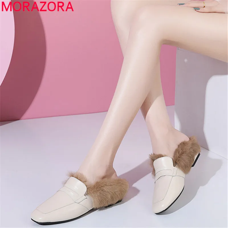 Женские меховые домашние тапки MORAZORA бежевые однотонные вечерние из натуральной