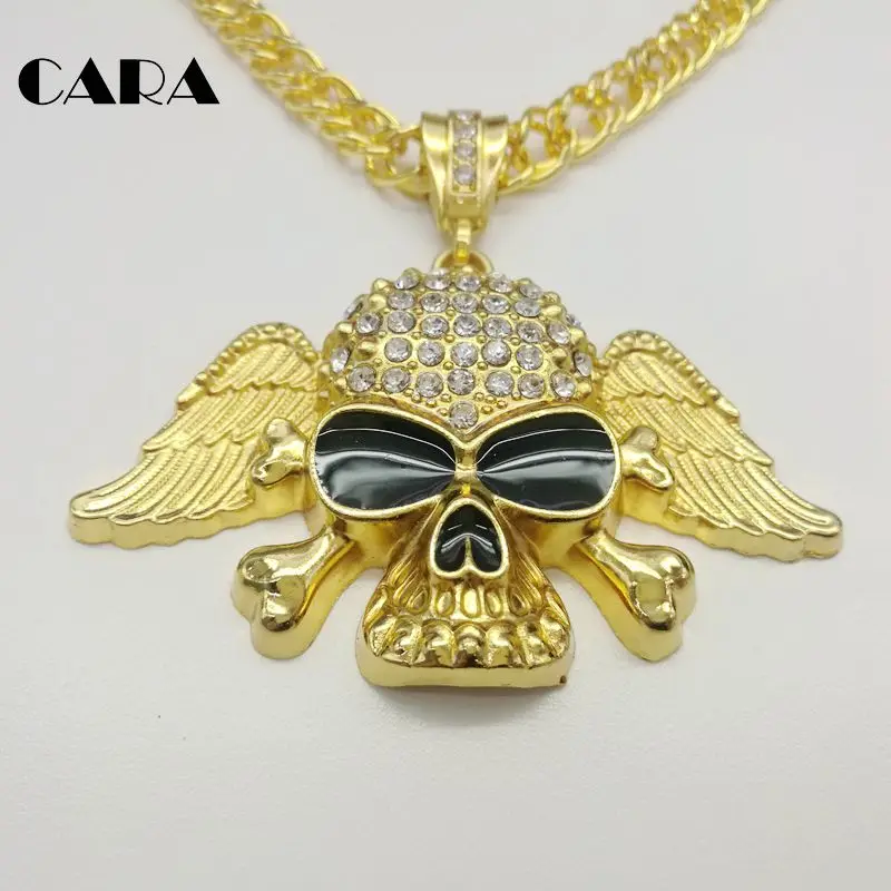 

CARA New Bling Bling rhinestones Pirate skull wings pendant & necklace Gold color zinc alloy mens hip hop necklace CAGF0254