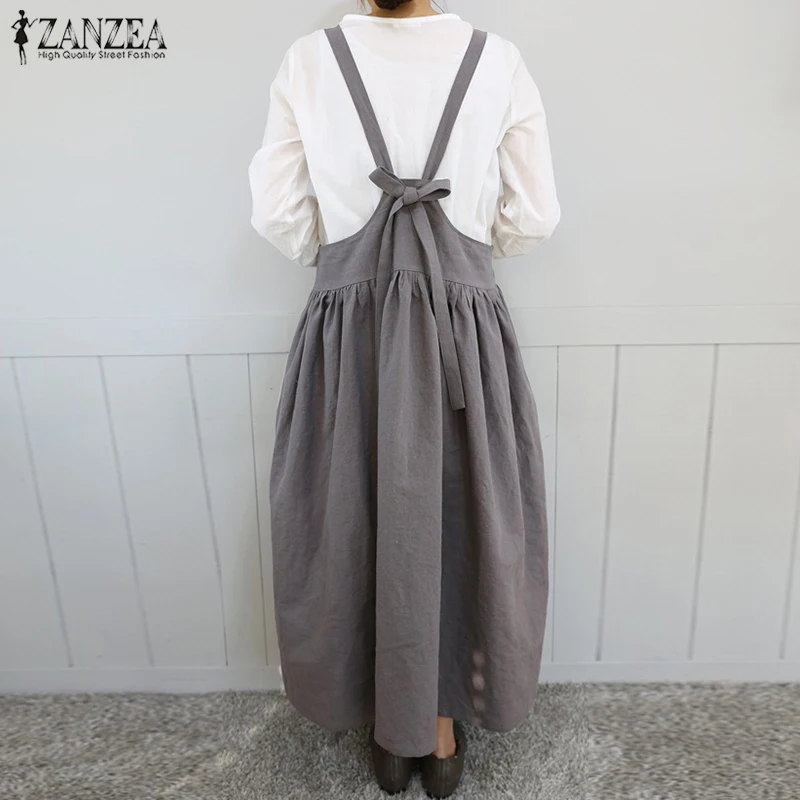 ZANZEA женское однотонное длинное платье на бретельках летнее платье без рукавов на подтяжках повседневное Плиссированное хлопковое льняное платье-комбинезон сарафаны Халат