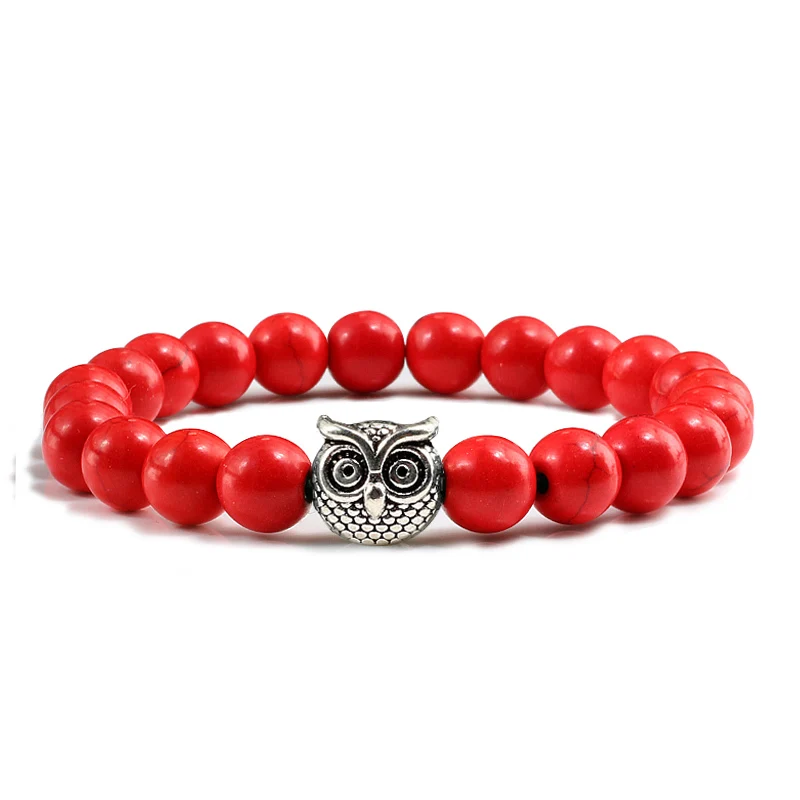 red beads silver Античное серебро золото животное сова Амулет Голова браслет femme натуральный камень Синий Белый Красный бисера энергии браслеты женские мужские ювелирные изделия - Окраска металла: red beads silver