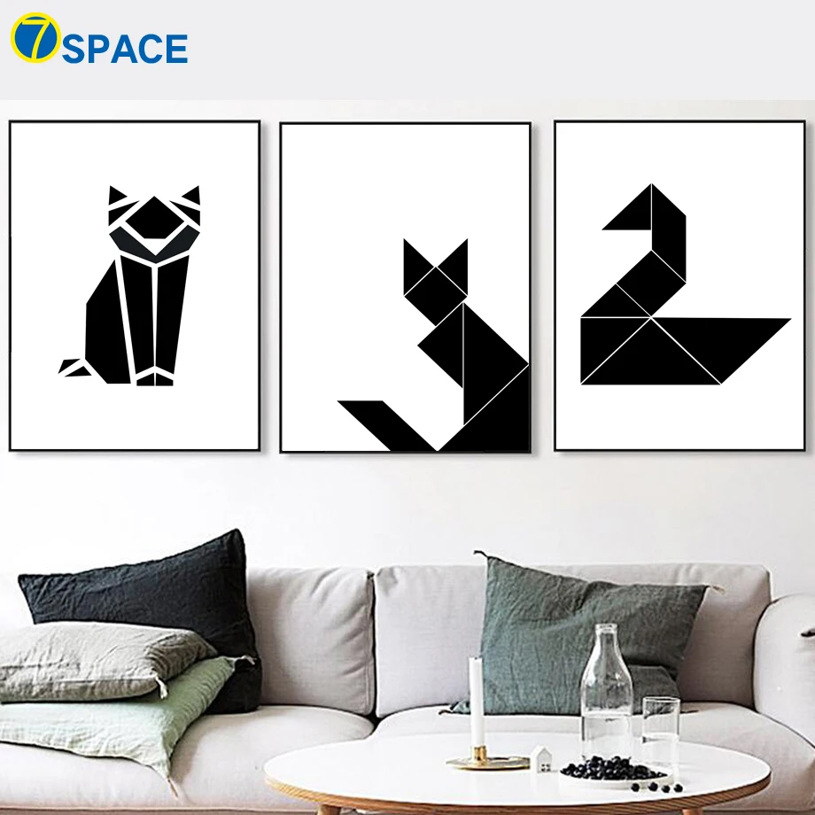 Геометрическая картина с изображением кошки гусиной лисы на холсте