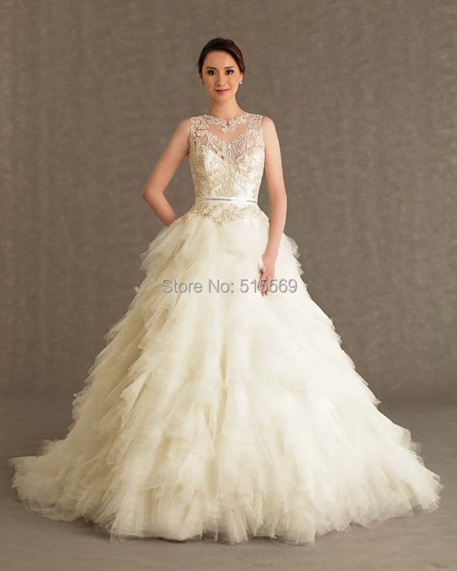 Expensive Luxury Ruffled Tulle Unique See Through Lace Back Designer Elie Saab Ball Gown Wedding Dresses With Sash | Свадьбы и