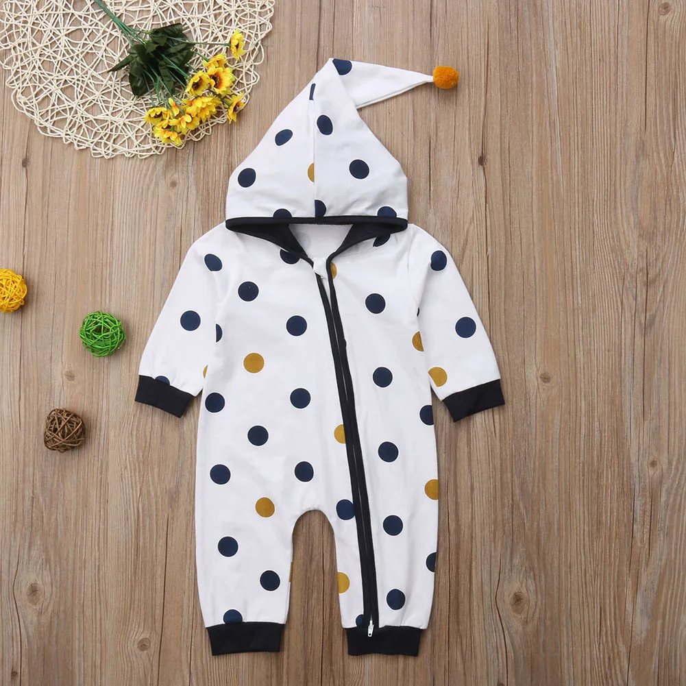 New Arrival Toddler Dot Romper Spring Fall Cotton Newborn Baby Boy Girl Hooded Zipper Jumpsuit Children Casual One-Piece Outfit