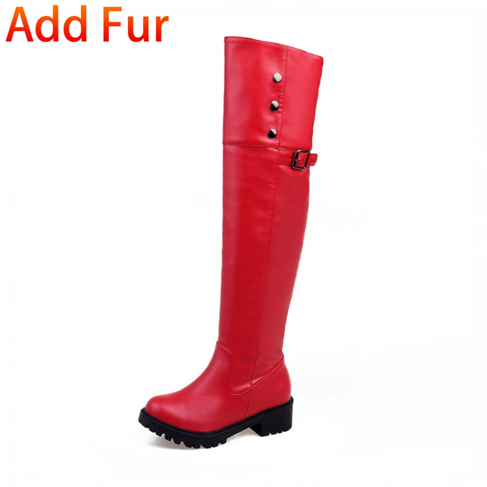 red add fur KARINLUNA/большие размеры 30-52, Новая металлическая пряжка, декорированная обувь на среднем каблуке Женские Повседневные Вечерние сапоги до колена на зиму и весну - Цвет: red add fur