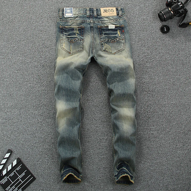 Джинсы мужские рваные в стиле ретро модные брюки Slim Fit из денима винтажные