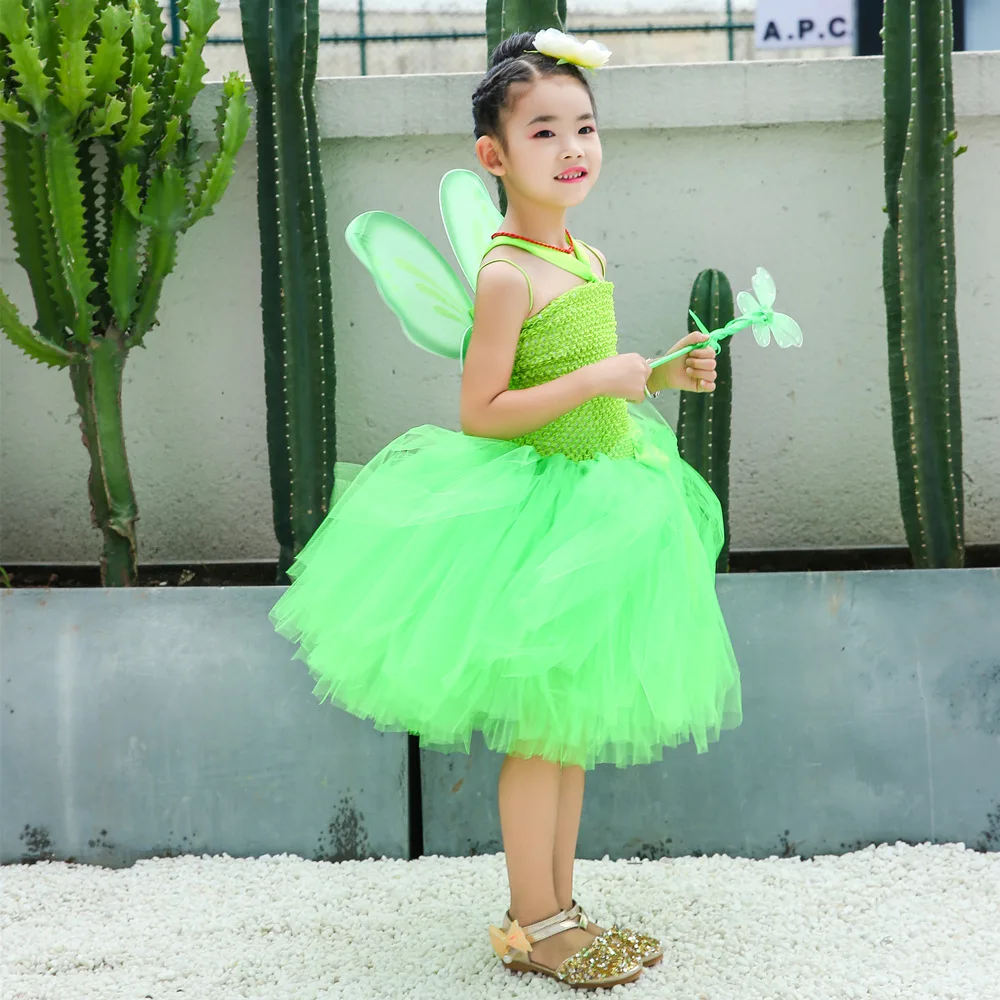 Tinker Bell/платье-пачка для девочек платье принцессы зеленого цвета, фея Динь-Динь детский маскарадный костюм для девочек, детское праздничное платье на день рождения