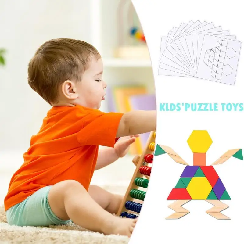Wooden Tangram Shape Jigsaw Puzzle Box Kids Geometric Macthing Game Board with construction drawings Children Toys | Игрушки и хобби