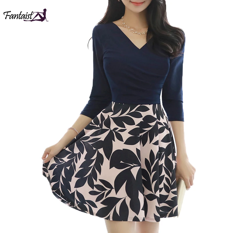 Fantaist Vestidos Mujer 2018 3/4 рукавом v образным вырезом Элегантные линии Лоскутное Ruched