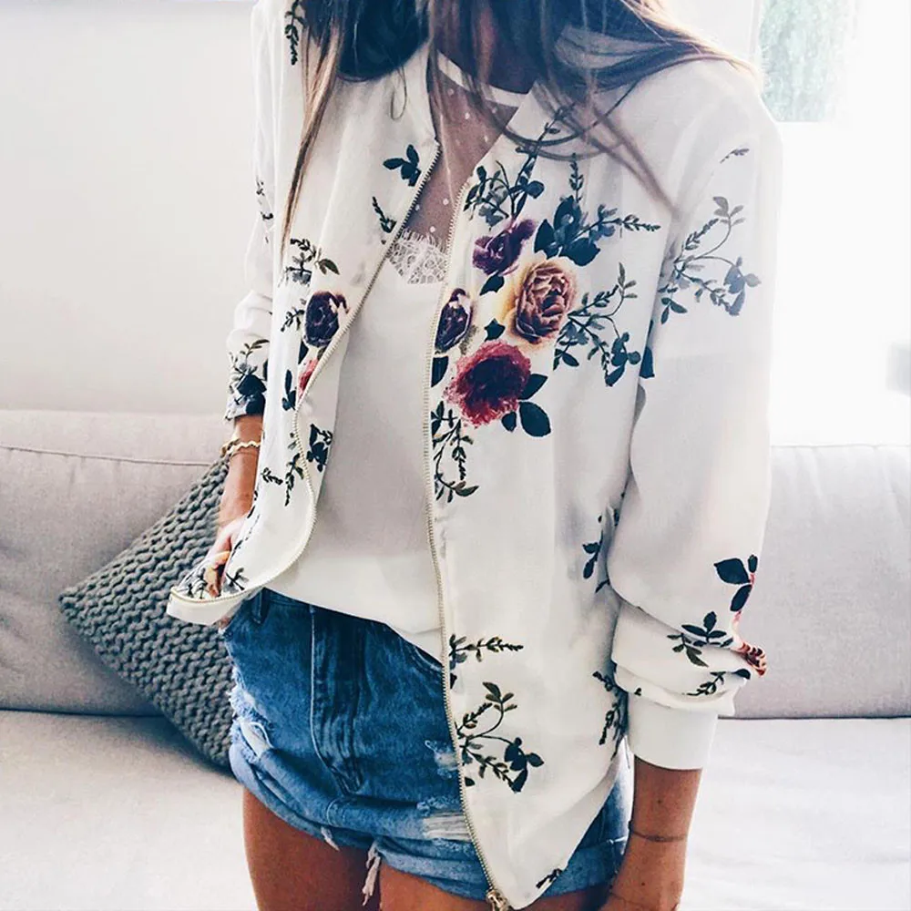 Womens Ladies Retro Floral Zipper Up Bomber Jacket Casual Coat Outwear Oversized Hoodie Vetement Femme 2021 Одежда Для