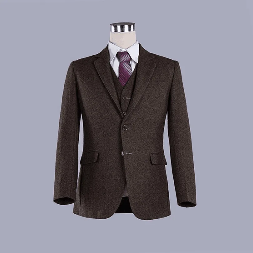 

Новинка 2016, темно-коричневые классические шерстяные костюмы, твидовые Мужские приталенные костюмы, блейзеры, Индивидуальные свадебные кос...