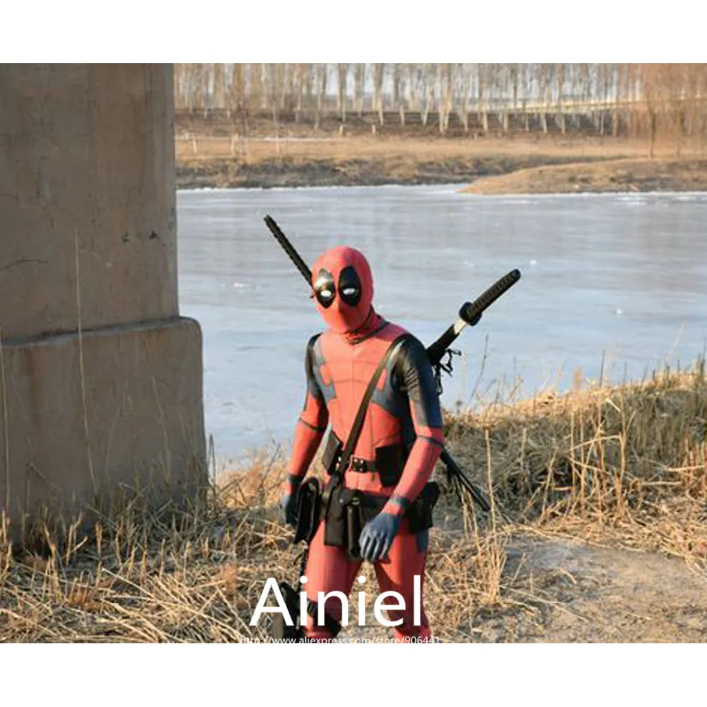 

Ainiel Classical Deadpool Cosplay Costume Halloween Cosplay Bodysuit Lycra Spandex Zentai Jumpsuit and Belt Strap