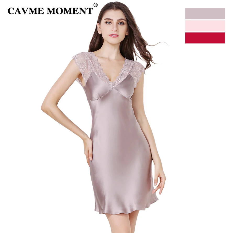 

Ночная рубашка из чистого шелка, с V-образным вырезом, без рукавов