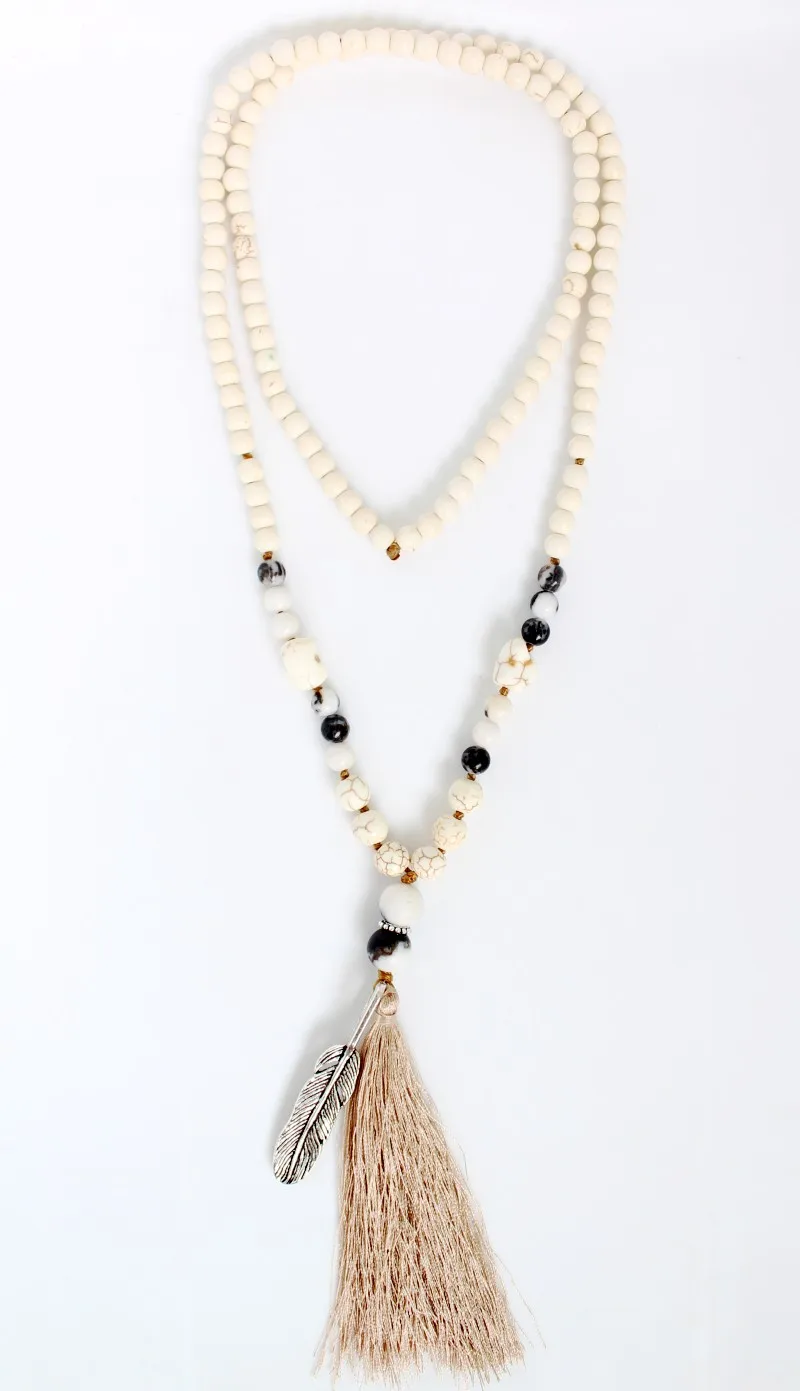 Подвеска с длинной кисточкой ручной работы из белого камня ожерелье узелками в