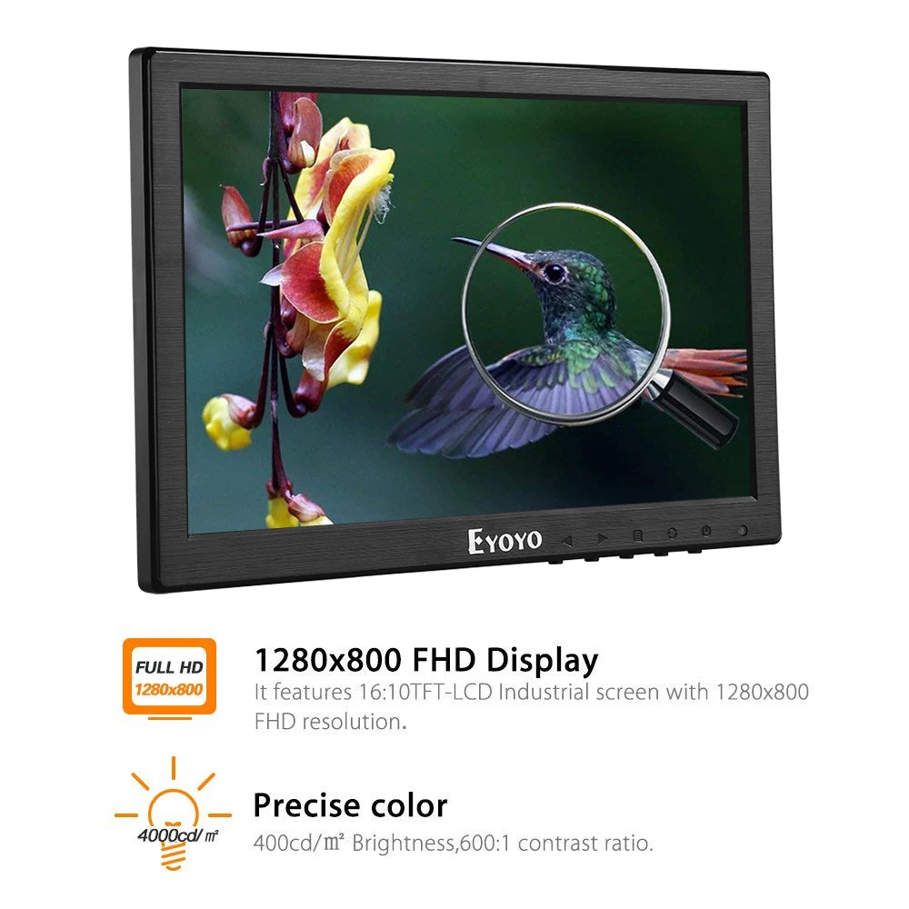 Eyoyo 10 дюймов IPS ЖК монитор 1280x800 с видеомонитор HDMI VGA BNC AV Вход для ПК CCTV двумя